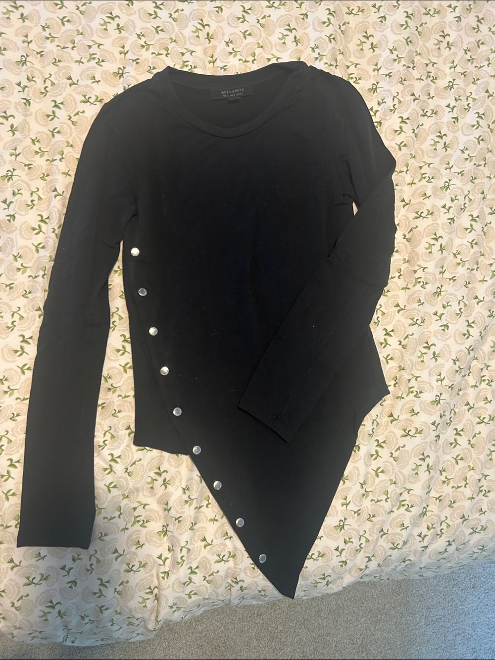 AllSaints Black Asymmetric Long Sleeve Top with Button Trim